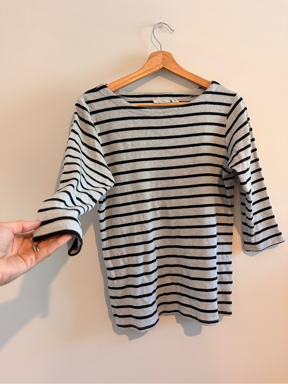 L.L. Bean 100% Cotton Ribbed Striped Boatneck 3/4 Sleeve Top - Gray/Black